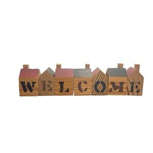 VTG Primitive Wooden Welcome Blocks Folk Art Farmhouse Rustic Country Decor 90s